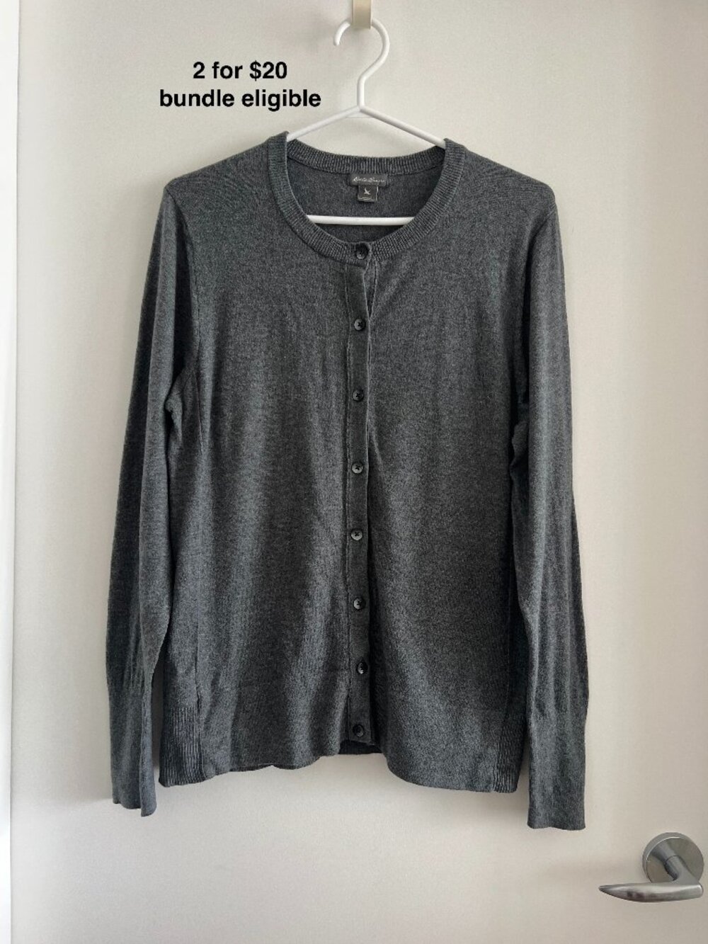 Eddie Bauer Classic Crewneck Button-Front Cardigan Heather Grey Size L